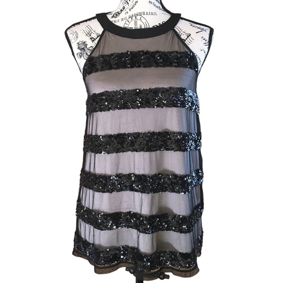 INC International Concepts Sequin Striped Sheer Halter Blouse Nylon Black XS - Picture 2 of 16